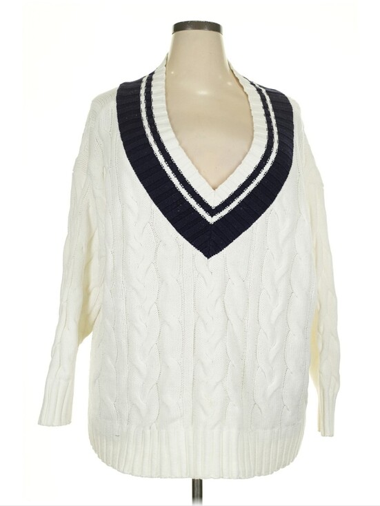 Lane Bryant Sweaters - Lane Bryant Cream V-Neck Cable Knit Sweater with Navy Trim